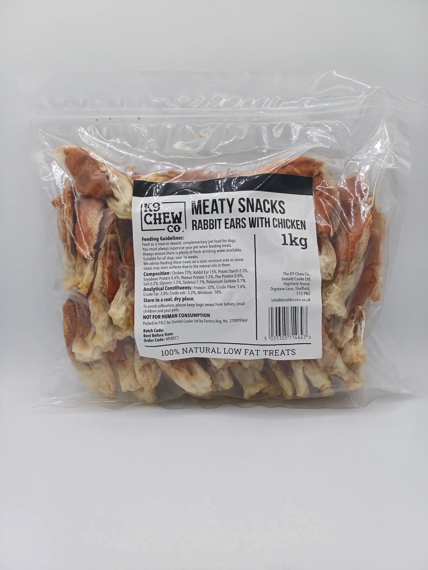 K9 Chew Co. Meaty Snacks Rabbit Ears with Chicken 1kg