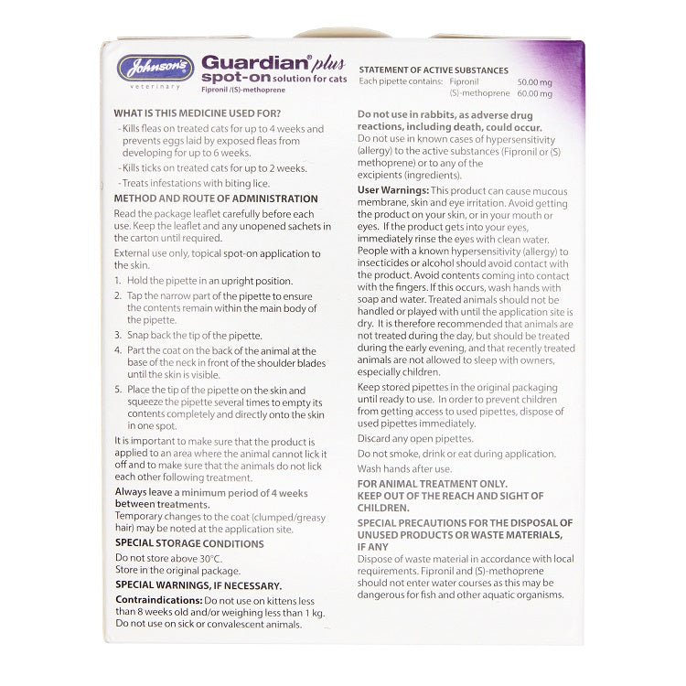 Johnson's Guardian Plus Spot On for Cats over 1kg 1 TREATMENT