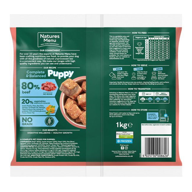 Natures Menu Puppy 80/20 Complete and Balanced Frozen Nuggets - Beef With Vegetables 1kg