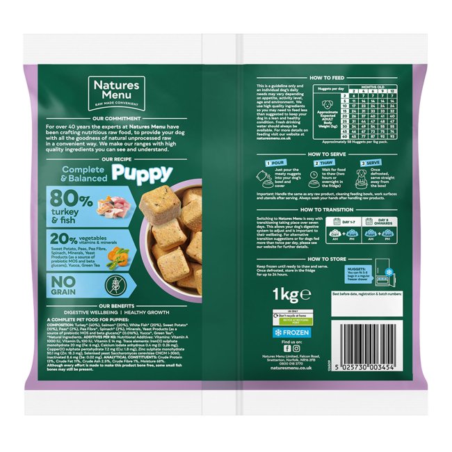 Natures Menu Puppy 80/20 Complete and Balanced Frozen Nuggets - Turkey & Fish With Vegetables 1kg