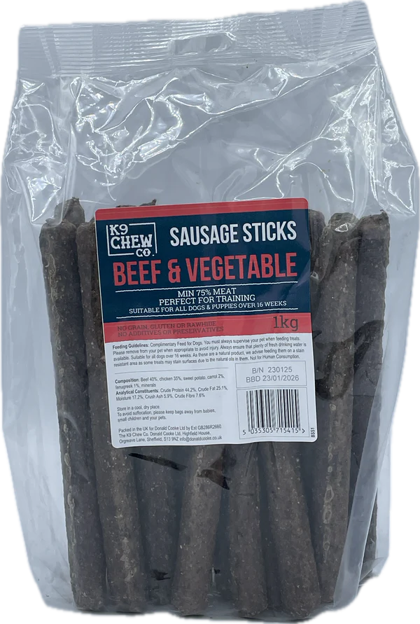 K9 Chew Co. Beef and Vegetable Sausage Sticks 1kg