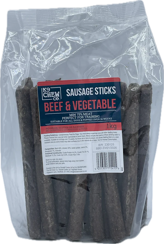 K9 Chew Co. Beef and Vegetable Sausage Sticks 1kg
