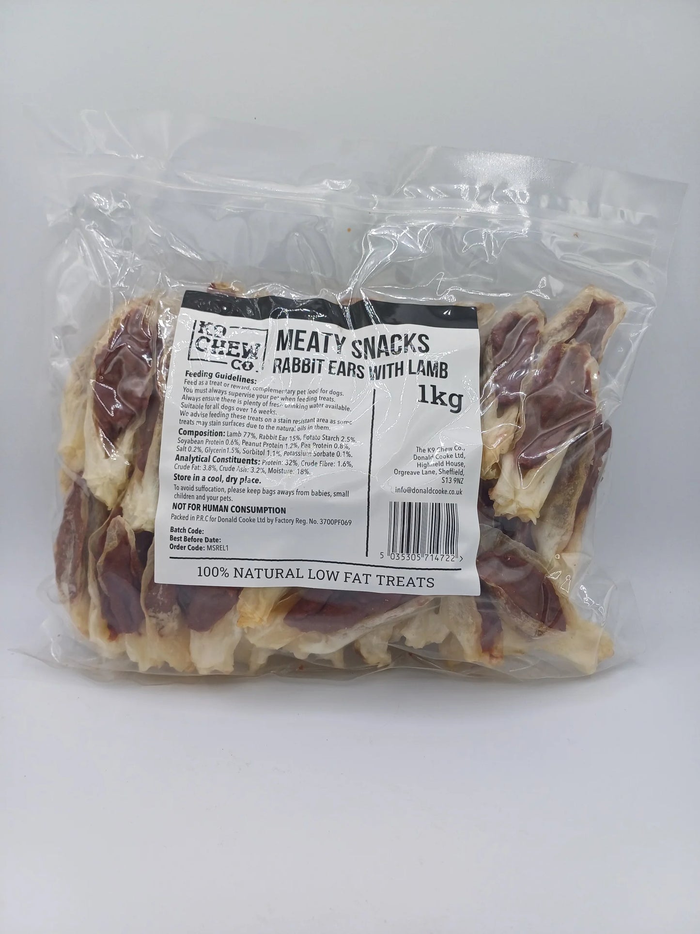 K9 Chew Co. Meaty Snacks Rabbit Ears with Lamb 1kg